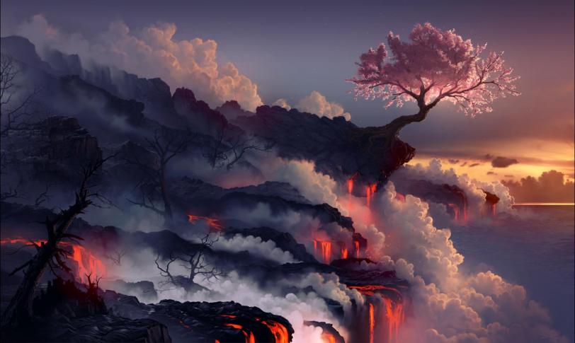 Арт Красивые картинки Природа вулкан сакура