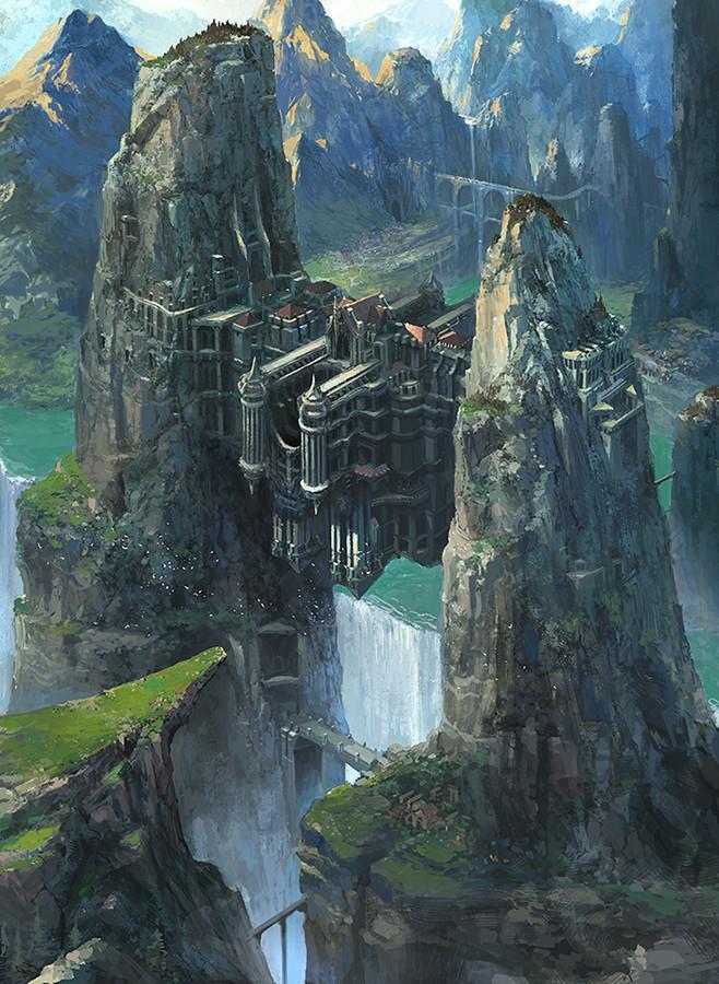 Арт Красивые картинки Фэнтези замок водопад Dongick Lee