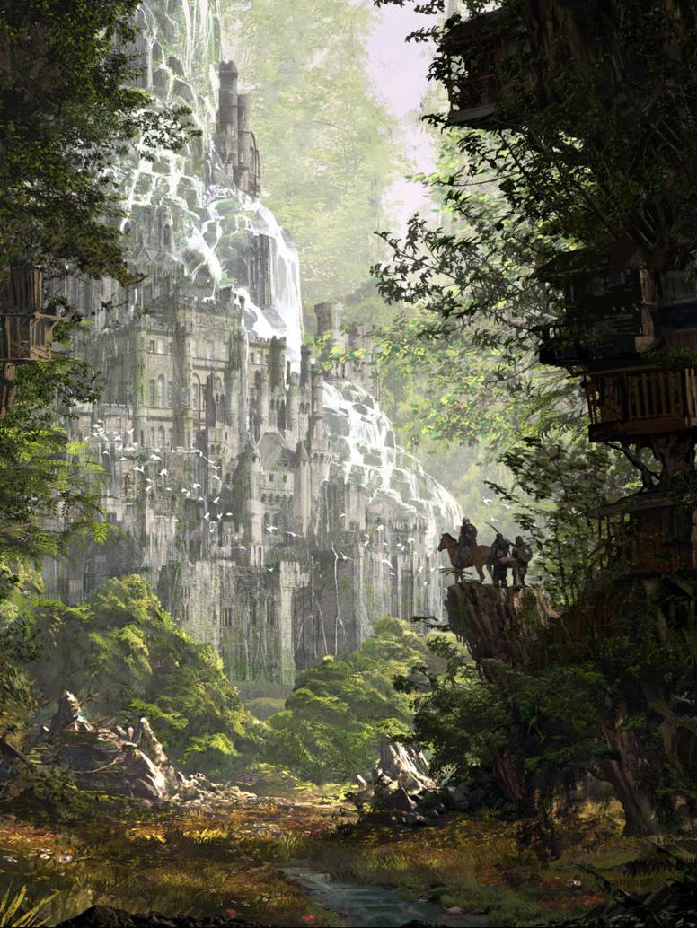 Арт Красивые картинки Фэнтези лес замок водопад